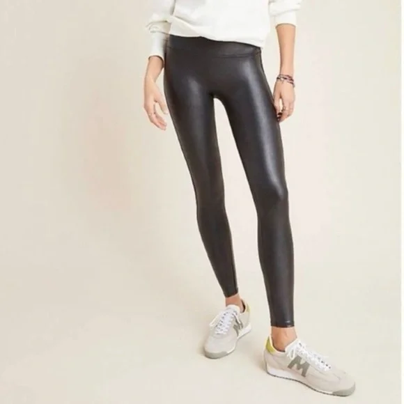 Spanx Faux Leather Leggings Women’s M Black Moto Shiny Textured Skinny 2437 - Picture 1 of 14